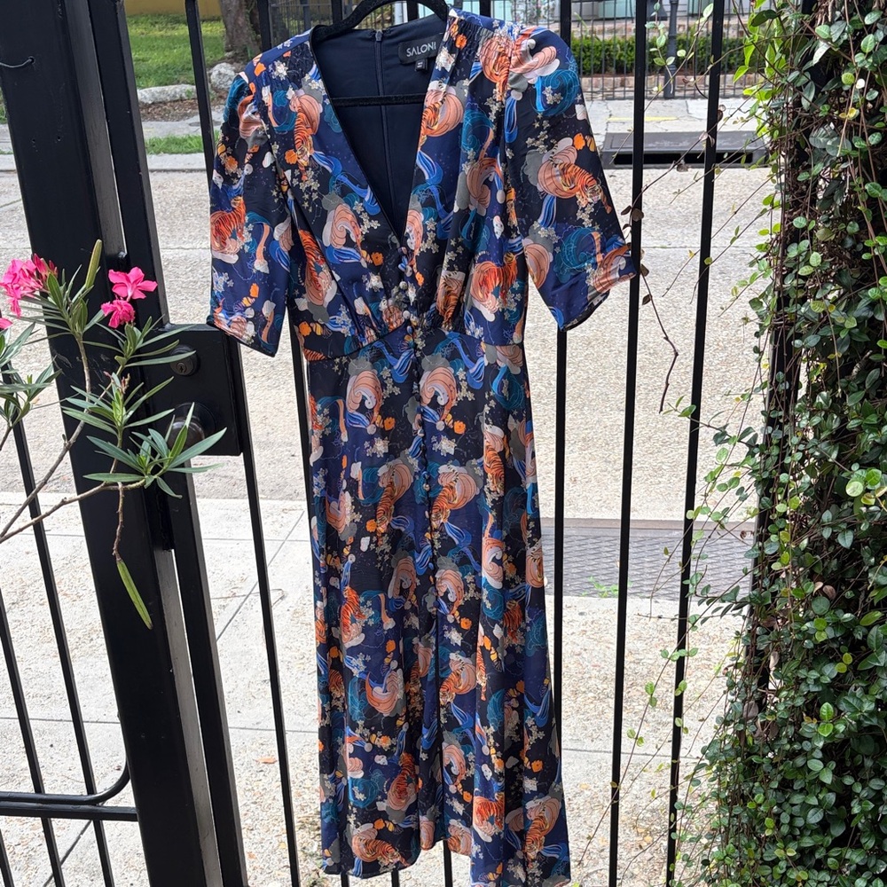SALONI Eve B midi dress in Navy Tiger print